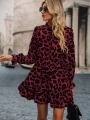 Kadın Uzun Kollu Yakadan Bağcıklı Modal Leopar Desenli Mini Elbise