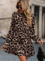 Kadın Uzun Kollu Yakadan Bağcıklı Modal Leopar Desenli Mini Elbise