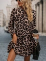 Kadın Uzun Kollu Yakadan Bağcıklı Modal Leopar Desenli Mini Elbise