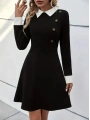 Kadın Uzun Kollu Yakalı A Kesim Kısa Ithal Krep Elbise