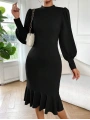 Kadın Uzun Kollu Yarı Balıkçı Yaka Etek Ucu Fırfır Detaylı Midi Ithal Krep Elbise