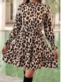 Kadın Uzun Kollu Yarı Balıkçı Yaka Leopar Desenli Modal Mini Elbise