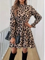Kadın Uzun Kollu Yarı Balıkçı Yaka Leopar Desenli Modal Mini Elbise