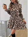 Kadın Uzun Kollu Yarı Balıkçı Yaka Leopar Desenli Modal Mini Elbise