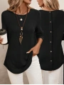 Kadın Uzun Kollu Yuvarlak Yaka Arkadan Düğmeli Waffle Bluz