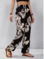 Kadın Yüksek Bel Bağcıklı Yaprak Desenli Süprem Pantolon