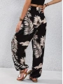 Kadın Yüksek Bel Bağcıklı Yaprak Desenli Süprem Pantolon