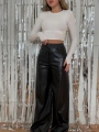 Kadın Yüksek Bel Beli Lastikli Geniş Paçalı Deri Pantolon