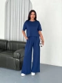 Osy Modal Yumuşak Dokulu Kumaş Bisiklet Yaka T-shirt Bol Paça Pantalon Ikili Takım -Saks Mavi