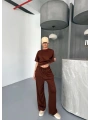 Osy Modal Yumuşak Dokulu Kumaş Kısa Kollu Bluz Rahat Pantalon Ikili Takım- Kahverengi