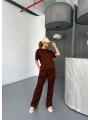Osy Modal Yumuşak Dokulu Kumaş Kısa Kollu Bluz Rahat Pantalon Ikili Takım- Kahverengi