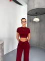 Osy Modal Yumuşak Dokulu Kumaş Kısa Kollu Crop Alt Ispanyol Paça Pantalon Ikili Takım - Bordo
