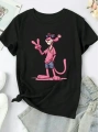 Pembe Panter Baskılı Oversize Bisiklet Yaka T-shirt - Beyaz