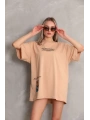 Unisex Bisiklet Yaka Baskılı Oversize T-Shirt - Bej