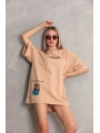 Unisex Bisiklet Yaka Baskılı Oversize T-Shirt - Bej