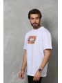 Unisex Bisiklet Yaka Baskılı Oversize T-Shirt - Beyaz