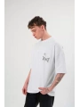 Unisex Bisiklet Yaka Baskılı Oversize T-Shirt - Beyaz