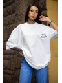 Unisex Bisiklet Yaka Baskılı Oversize T-Shirt - Beyaz
