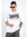 Unisex Bisiklet Yaka Baskılı Oversize T-Shirt - Beyaz