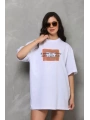 Unisex Bisiklet Yaka Baskılı Oversize T-Shirt - Beyaz