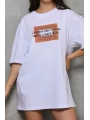 Unisex Bisiklet Yaka Baskılı Oversize T-Shirt - Beyaz