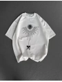 Unisex Bisiklet Yaka Baskılı Oversize T-Shirt - Beyaz