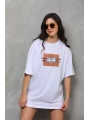 Unisex Bisiklet Yaka Baskılı Oversize T-Shirt - Beyaz