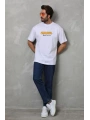 Unisex Bisiklet Yaka Baskılı Oversize T-Shirt - Beyaz