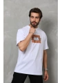 Unisex Bisiklet Yaka Baskılı Oversize T-Shirt - Beyaz