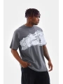Unisex Bisiklet Yaka Baskılı Oversize T-Shirt - Gri