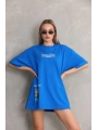 Unisex Bisiklet Yaka Baskılı Oversize T-Shirt - Mavi