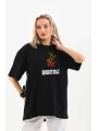 Unisex Bisiklet Yaka Baskılı Oversize T-Shirt - Siyah