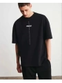 Unisex Bisiklet Yaka Baskılı Oversize T-Shirt - Siyah