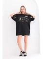 Unisex Bisiklet Yaka Baskılı Oversize T-Shirt - Siyah