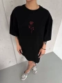 Unisex Bisiklet Yaka Baskılı Oversize T-Shirt - Siyah