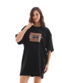 Unisex Bisiklet Yaka Baskılı Oversize T-Shirt - Siyah