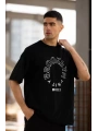 Unisex Bisiklet Yaka Baskılı Oversize T-Shirt - Siyah