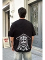 Unisex Bisiklet Yaka Baskılı Oversize T-Shirt - Siyah