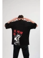 Unisex Bisiklet Yaka Baskılı Oversize T-Shirt - Siyah