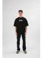 Unisex Bisiklet Yaka Baskılı Oversize T-Shirt - Siyah