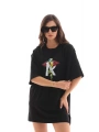 Unisex Bisiklet Yaka Baskılı Oversize T-Shirt - Siyah