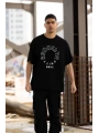 Unisex Bisiklet Yaka Baskılı Oversize T-Shirt - Siyah