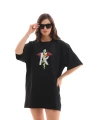 Unisex Bisiklet Yaka Baskılı Oversize T-Shirt - Siyah