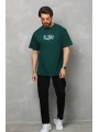 Unisex Bisiklet Yaka Baskılı Oversize T-Shirt - Yeşil