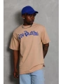 Unisex Oversize Baskılı Bisiklet Yaka T-Shirt - Bej