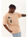 Unisex Oversize Baskılı Bisiklet Yaka T-Shirt - Bej
