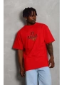 Unisex Oversize Baskılı Bisiklet Yaka T-Shirt - Kırmızı