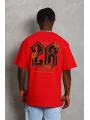 Unisex Oversize Baskılı Bisiklet Yaka T-Shirt - Kırmızı