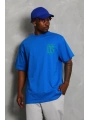 Unisex Oversize Baskılı Bisiklet Yaka T-Shirt - Mavi