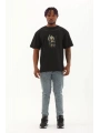 Unisex Oversize Baskılı Bisiklet Yaka T-Shirt - Siyah